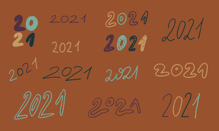 Hand drawn 2021 year number. Handwritten isolated lettering text. Design element for New Year banner, poster, invitation, greeting card.のイラスト素材