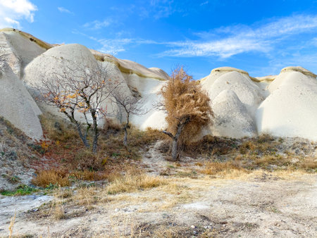 View on hills and mountains in Cappadocia, Turkey. Limestone formations. Spectacular Karst Landformの写真素材