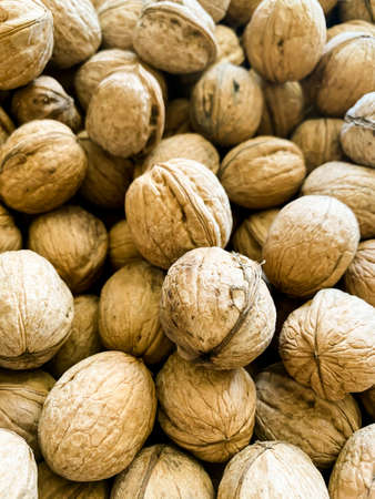Walnuts on the market or harvest festival. Overhead view