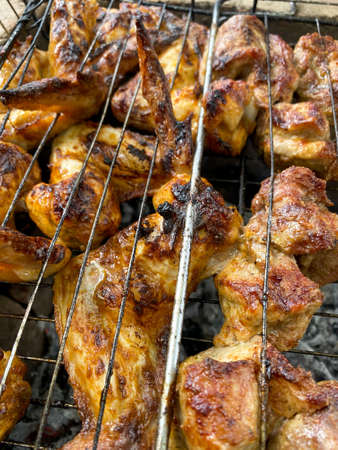 Grilled meat closeup. Outdoor cooking in the backyard.の写真素材