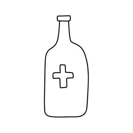 Medicine pill bottle with a cross. Vector hand drawn illustration in doodle style. Medical first aid kitのイラスト素材