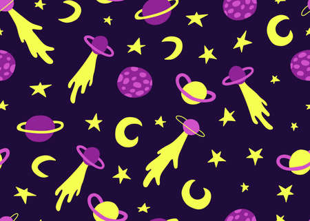 Seamless pattern with astronomical or celestial objects. Heavenly bodies in space. Vector hand drawn illustration in doodle style.のイラスト素材