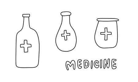 Medicine pill bottles. Vector hand drawn illustration in doodle style. Medical first aid kitのイラスト素材