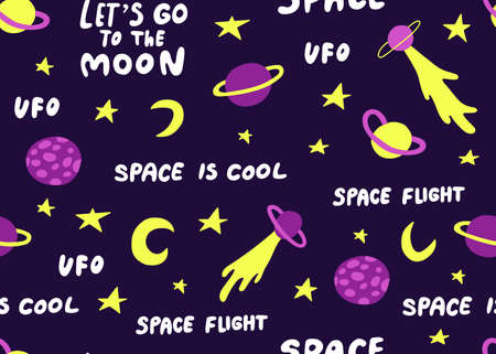 Seamless pattern with astronomical or celestial objects. Heavenly bodies in space. Vector hand drawn illustration in doodle style.のイラスト素材