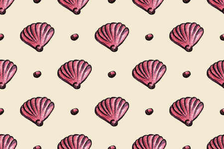 Hand drawn watercolor seamless pattern with seashells