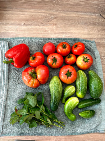 Fresh vegetables. Salad ingredients. Cucumbers and tomatoes, salad greens Healthy vegetable...