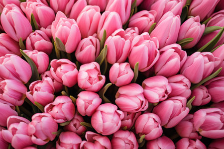 Cluster of Pink Tulips With Green Leavesの素材