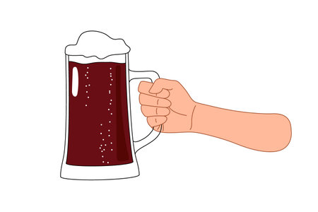 Hands holding and clinking beer glasses. Engraved style. Hand drawn vector illustration.のイラスト素材