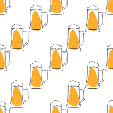 Seamless pattern mugs and glass of beer. Hand drawing for menu, Oktoberfest Festival, beer poster, bar card. Vector.のイラスト素材
