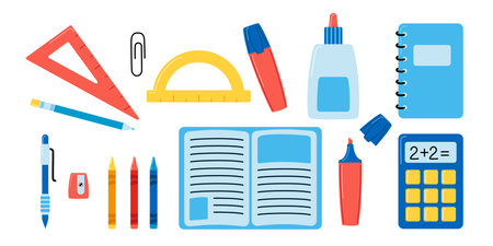 Set of different school and educational supplies. Vector illustration in flat cartoon style.のイラスト素材