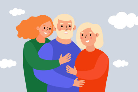 Family Embrace With Smiling Adults Against a Light Gray Backgroundのイラスト素材
