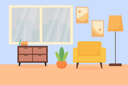 Cozy living room setup with a bright yellow chair, wooden furniture, and natural lightのイラスト素材