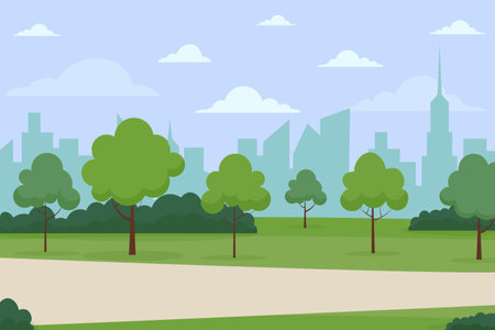 Urban Park With Lush Green Trees and City Skyline on a Clear Dayのイラスト素材