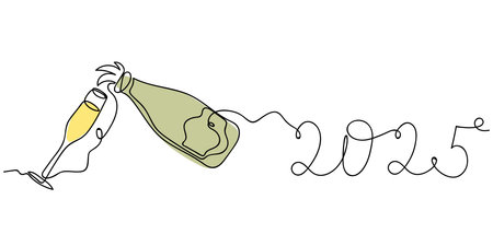 Celebrating the New Year 2025 with a toast of champagne in a minimalistic styleのイラスト素材