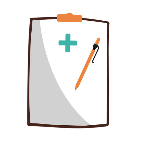 Medical clipboard and pen with a plus sign symbolizing health in a clinical settingのイラスト素材