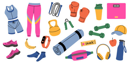 Colorful fitness gear and healthy snacks arranged for a workout session in a fitness studioのイラスト素材