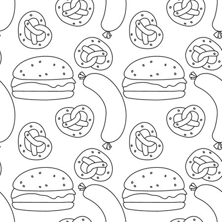 Seamless pattern with burger icons. Black and white hamburger background. Doodle vector burger illustrationのイラスト素材
