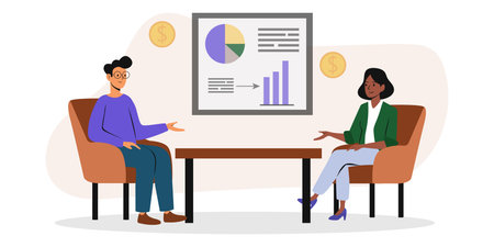 Two business professionals discussing strategy in a modern office environment with graphsのイラスト素材