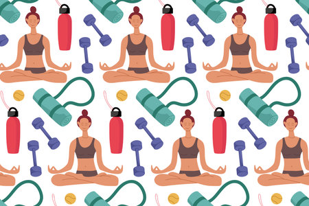 Wellness pattern featuring a woman meditating among fitness equipment in a cheerful designのイラスト素材
