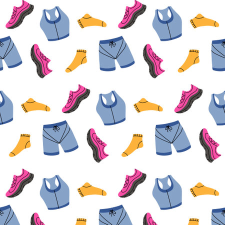 Pattern featuring athletic wear and accessories in vibrant colors on a white backgroundのイラスト素材