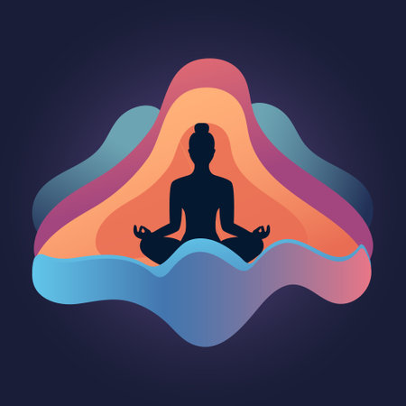 A serene silhouette meditating against a colorful abstract background in a tranquil settingのイラスト素材