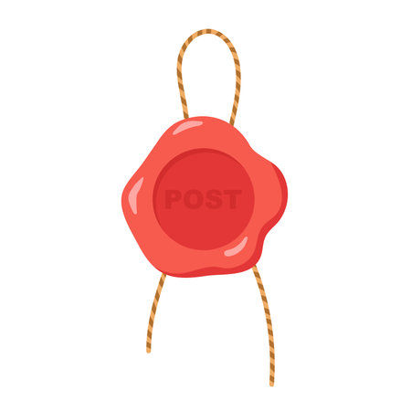 Red wax seal with string labeled post, ideal for letter and envelope decorationのイラスト素材