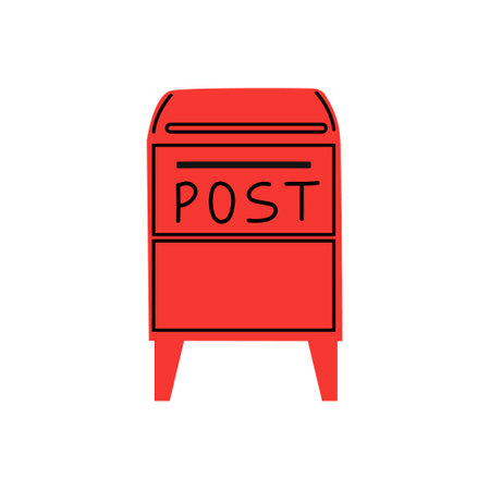 A bright red mailbox stands on a city street, inviting residents to send their letters and packagesのイラスト素材