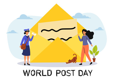Celebrating World Post Day with a postal worker and a woman by a giant envelopeのイラスト素材