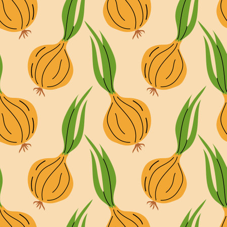 Vibrant pattern of onions with green tops on a light background showcasing playful design elementsのイラスト素材