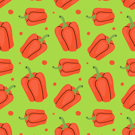 Colorful pattern featuring red bell peppers on a vibrant green background with polka dotsのイラスト素材
