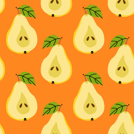 Colorful pattern featuring pears on a bright orange background in a whimsical design