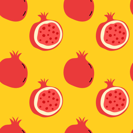 Colorful pomegranate pattern on a bright yellow background showcasing vibrant fruit designのイラスト素材