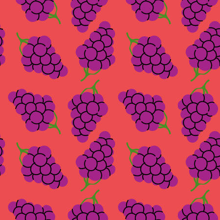 Vibrant purple grapes pattern on a bright red background showcasing fun textile designのイラスト素材