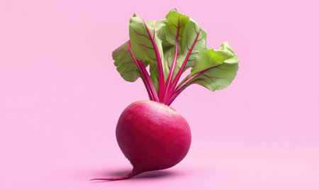 Fresh red radish with green leaves on a pastel pink background during a studio shootの写真素材