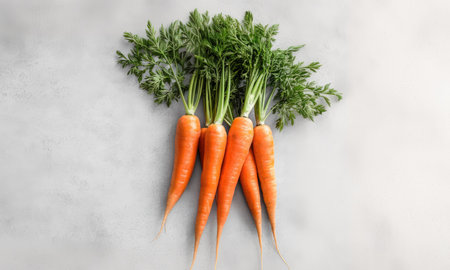 Freshly harvested carrots with vibrant green tops displayed on a neutral background