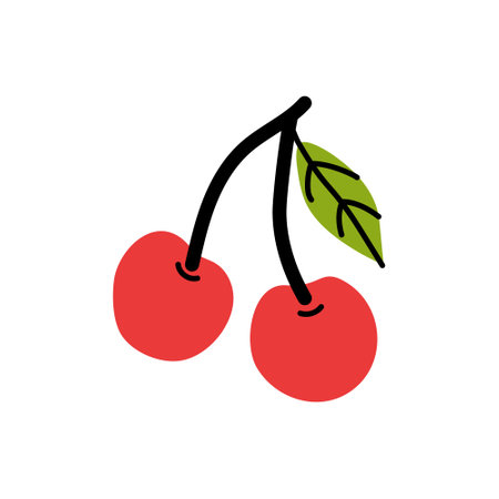 Two ripe red cherries with a green leaf on a thin stem against a plain background