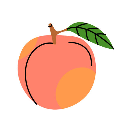 A colorful illustration of a peach with a leaf on a white backgroundのイラスト素材
