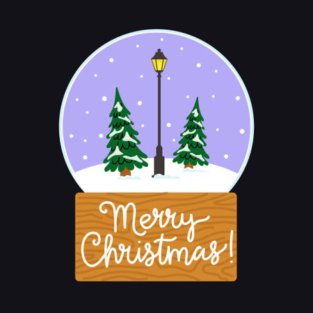 A festive snow globe with evergreen trees and a lamp post set in a winter wonderland for Christmasのイラスト素材