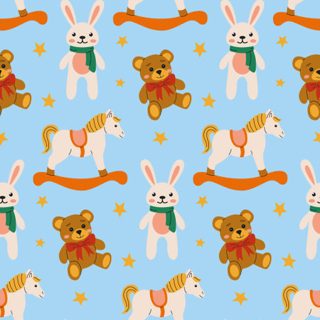 Colorful childrens pattern featuring playful toys on a light blue backgroundのイラスト素材