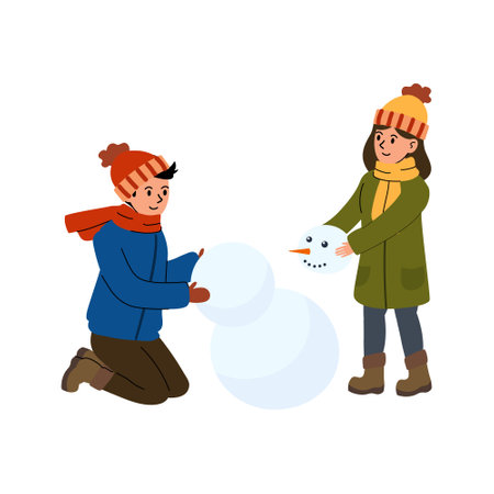 Two children joyfully building a snowman in a winter landscape on a sunny dayのイラスト素材