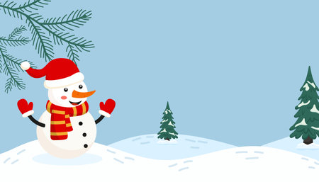 Cheerful snowman in a winter landscape wearing a Santa hat and scarf surrounded by evergreen treesのイラスト素材