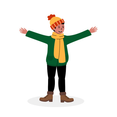 A cheerful individual in winter attire enjoys the cold outdoors with open armsのイラスト素材