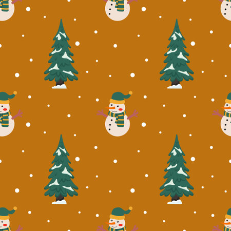 Festive winter pattern featuring snowmen and trees on an orange background during the holiday seasonのイラスト素材