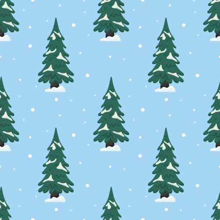 Winter pattern featuring snow-covered evergreen trees on a light blue backgroundのイラスト素材
