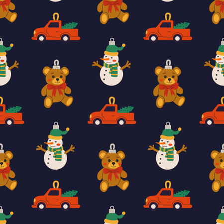 Colorful holiday pattern featuring teddy bears, snowmen, and red trucks on a dark backgroundのイラスト素材
