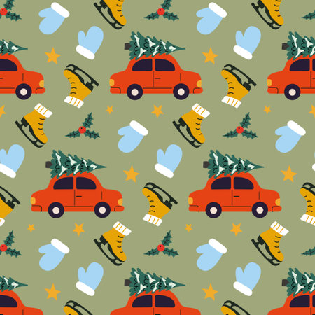Colorful festive pattern featuring cars with Christmas trees and holiday items on a green backgroundのイラスト素材
