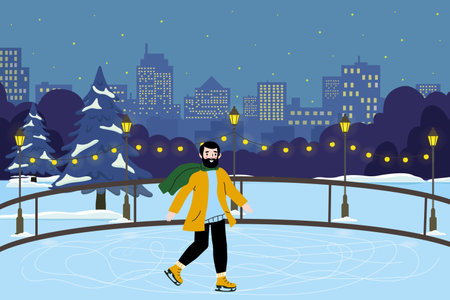 A man skating gracefully on an outdoor rink in a city park during a winter eveningのイラスト素材