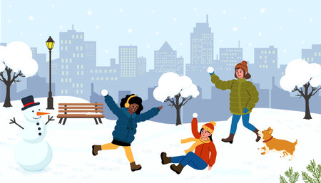Fun winter day in the park with friends playing in the snow and building a snowmanのイラスト素材
