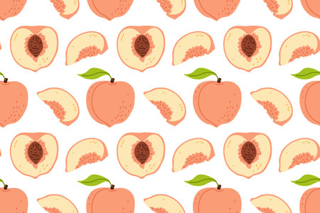 Colorful peach pattern with whole and sliced fruits on a white backgroundのイラスト素材