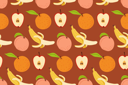 Colorful fruit pattern featuring bananas, apples, oranges, and peaches on a rich backgroundのイラスト素材